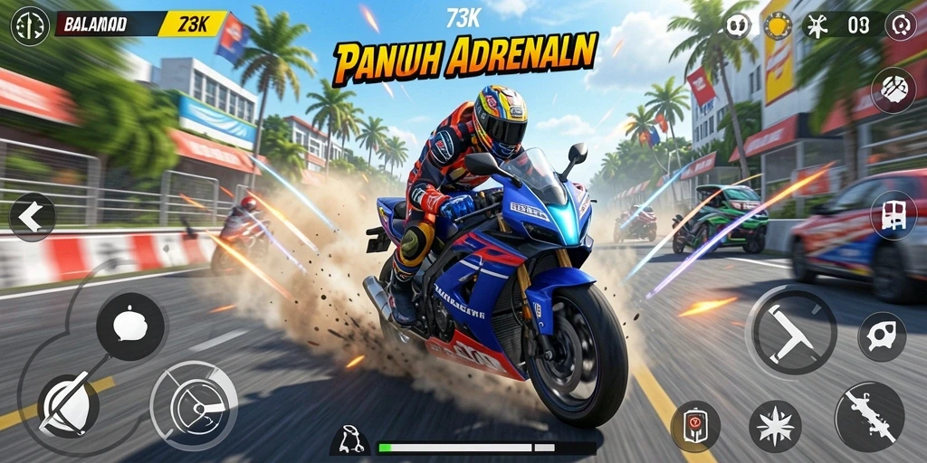 Gambaran gameplay balapan motor yang menegangkan di 73K.