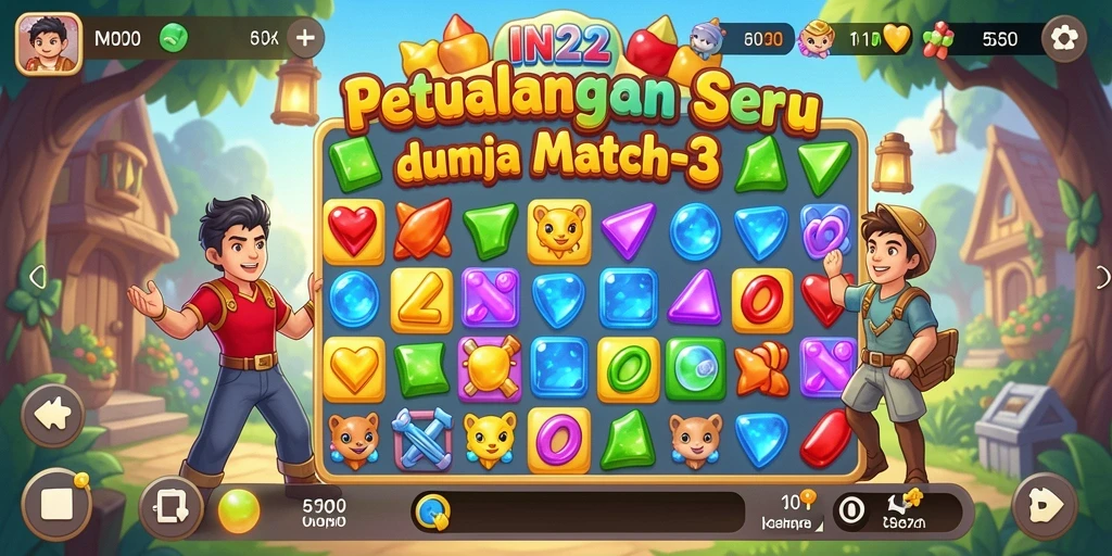 Screenshot gameplay IN22 menampilkan kecocokan buah-buahan dalam level Match-3.