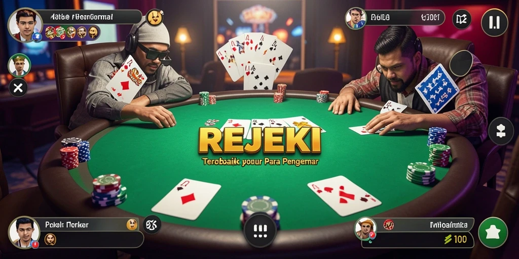 Tampilan utama gameplay Poker yang menegangkan di REJEKI.