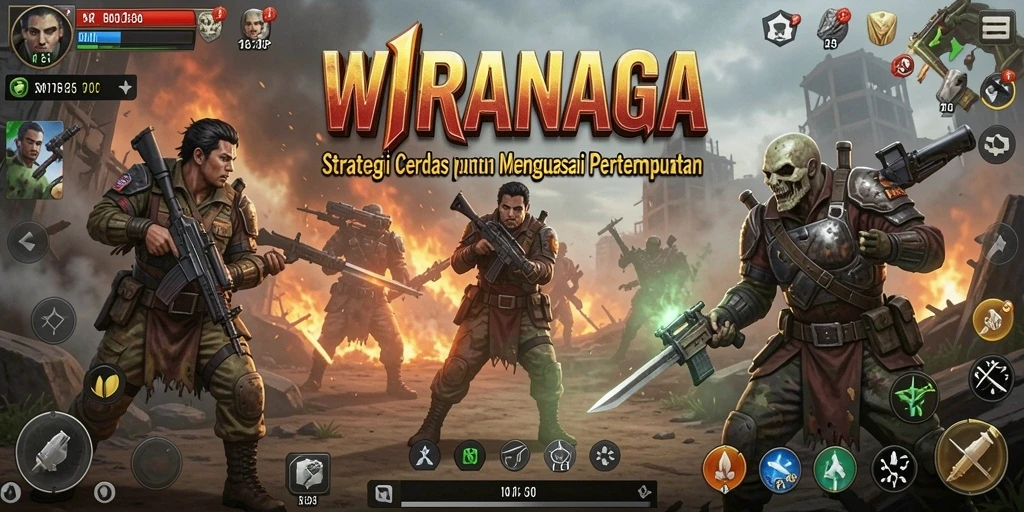 Screenshot utama WIRANAGA menampilkan aksi pertempuran strategi yang mendebarkan.